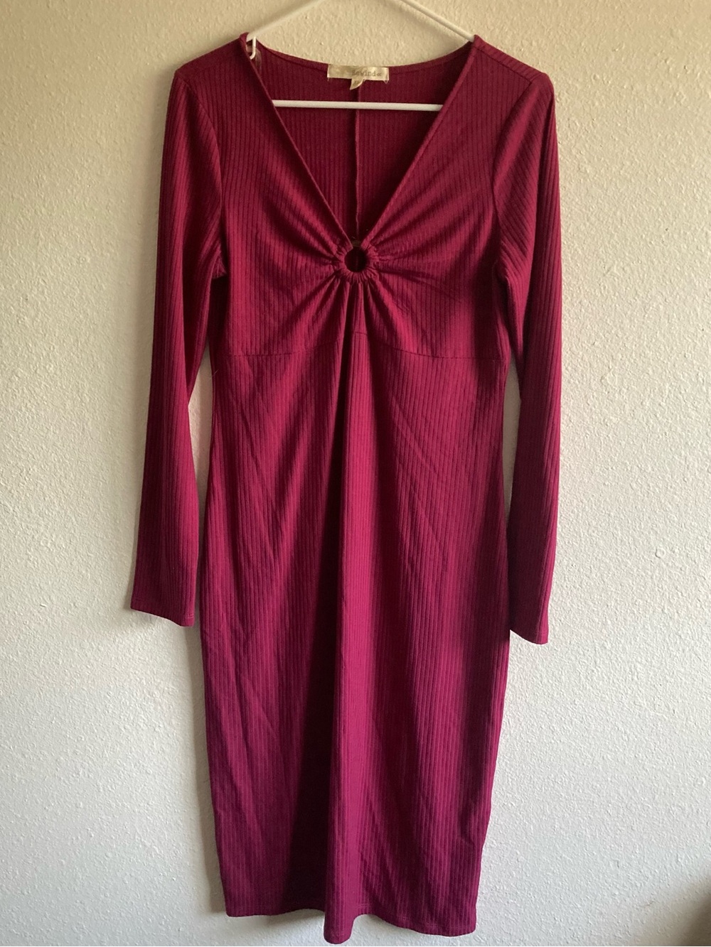 Ribbed Long-Sleeve Midi Dress with Twist Front - Burgundy